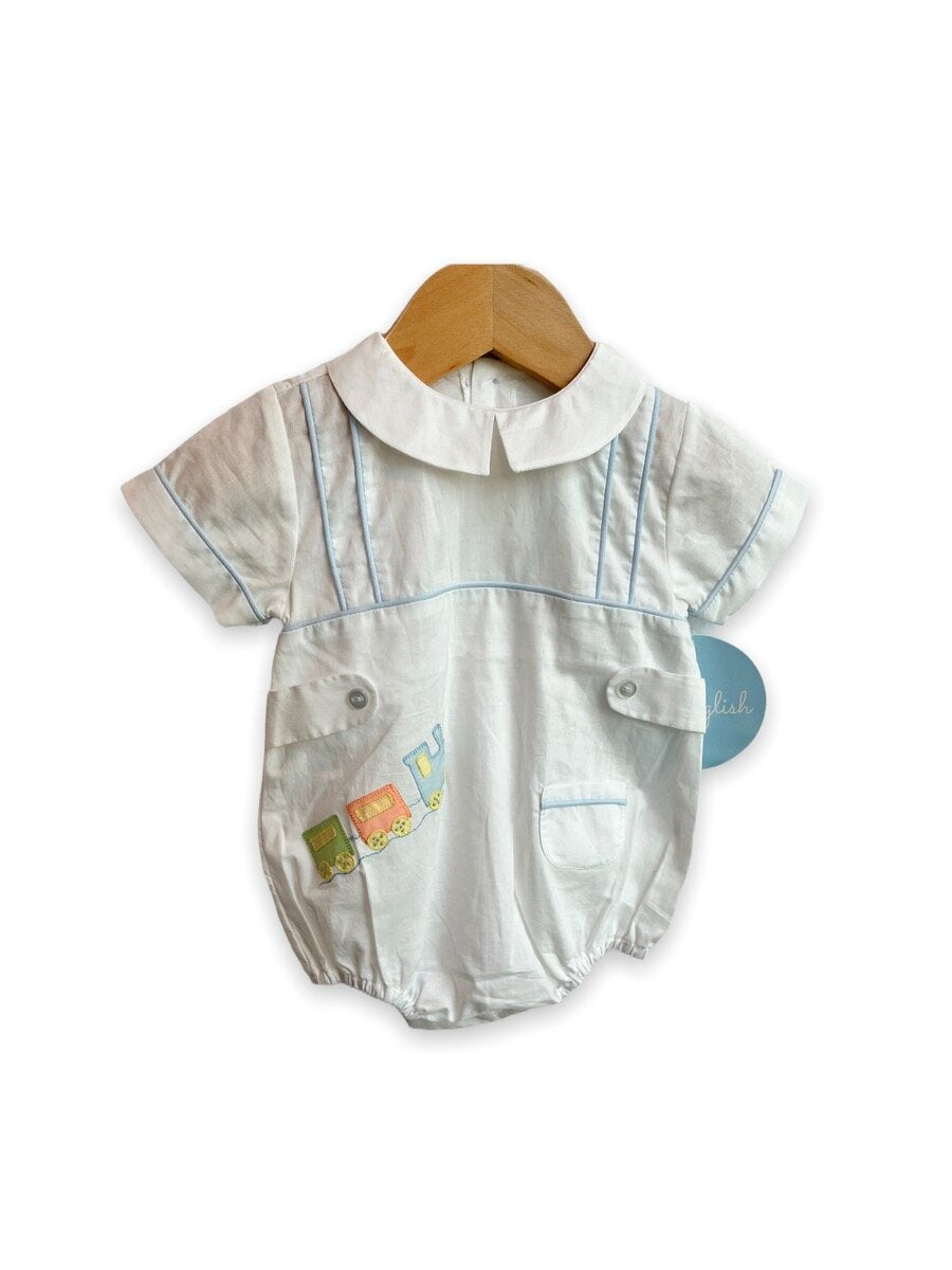 Size 6 month Little English white collared bubble, train embroidered, NWT Default Title / 6 month / Boy