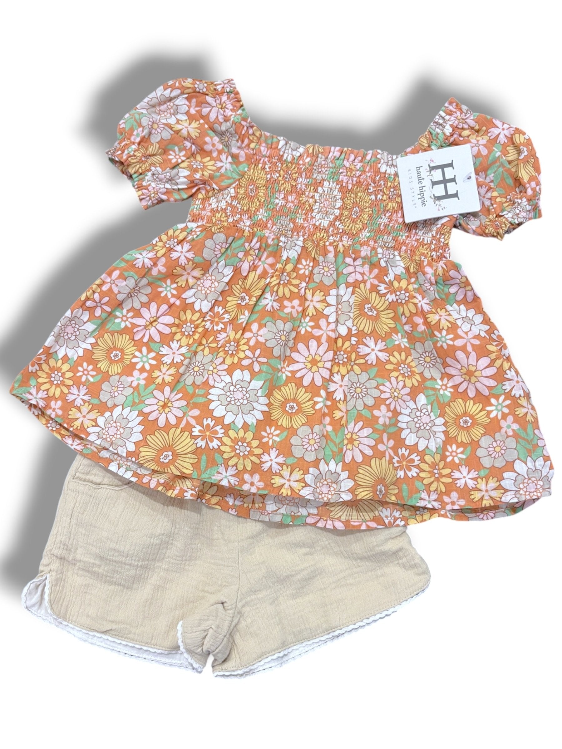 Size 24 month Haute Hippie orange smocked floral top with beige shorts NWT Default Title / 2 / Girl