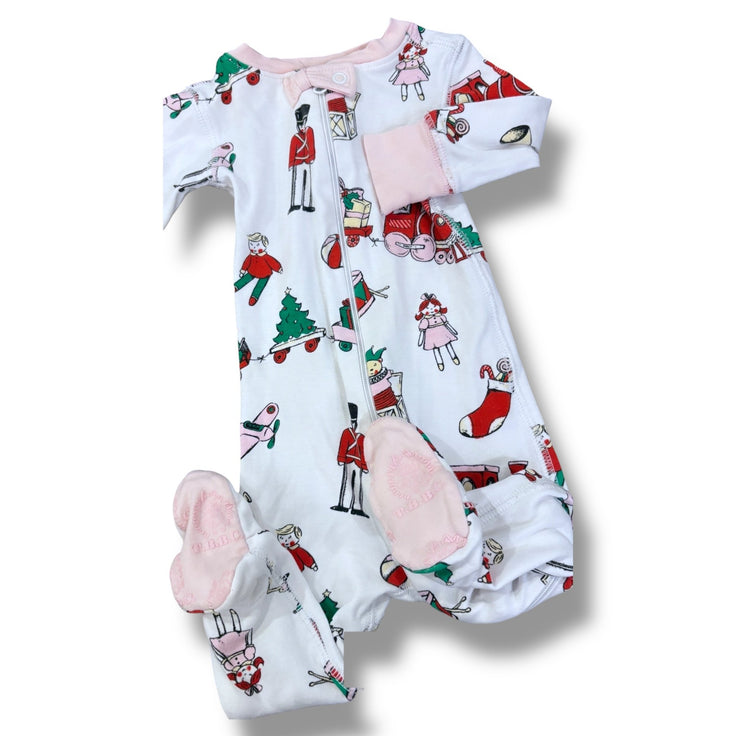 Size 3-6 month TBBC white sleeper w/ holiday toys, stockings, pink bow Default Title / 3-6 month / -
