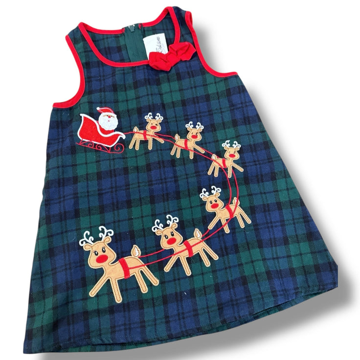 Size 12 month Rare Editions navy/green plaid dress w/ Santa/Reindeer, red trim & bow Default Title / 12 / Girl