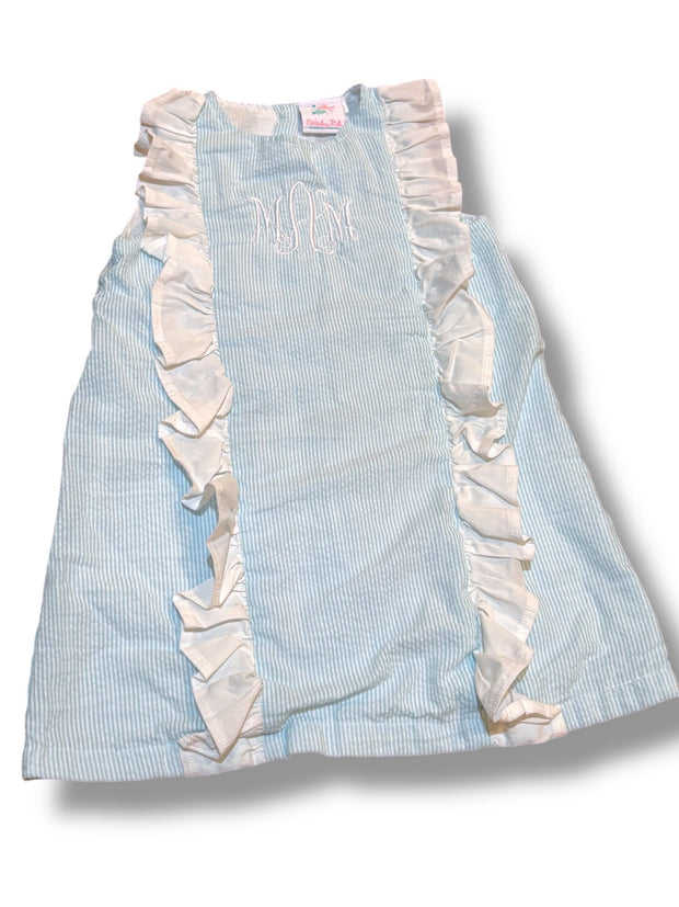 Size 3T Stitchy Fish light blue/white seersucker sleeveless dress with white ruffle & “mAm” monogram Default Title / 3 / Girl