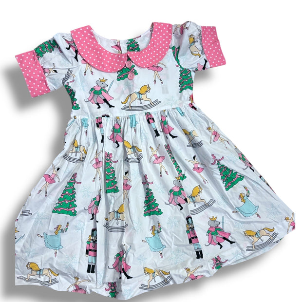 Size 7-8 Eleanor rose white dress with nutcracker pictures, pink collar Default Title / 8-Jul / Girl
