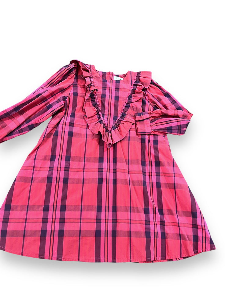 Size 10 Morley pink/black plaid long sleeve dress with V ruffle front Default Title / 10 / Girl