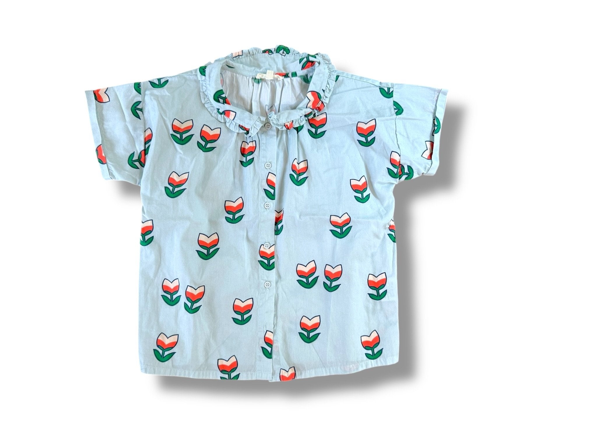 Size 12 Hello Simone light blue short sleeve button up red and pink tulip print and ruffled collar Default Title / 12 / Girl