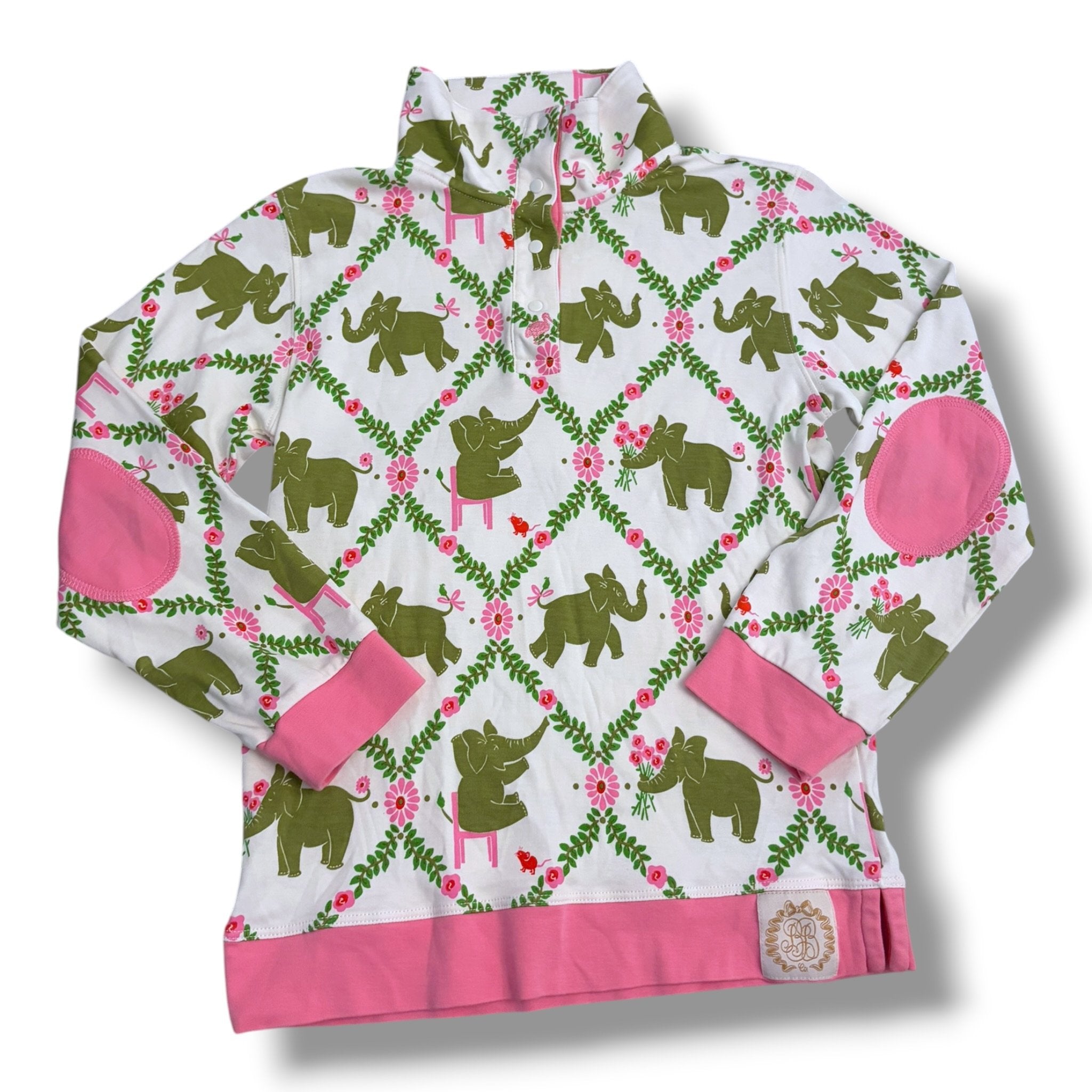 Size 7 TBBC white long sleeve quarter snap long sleeve with green elephants, pink trim - spot on sleeve Default Title / 7 / Girl