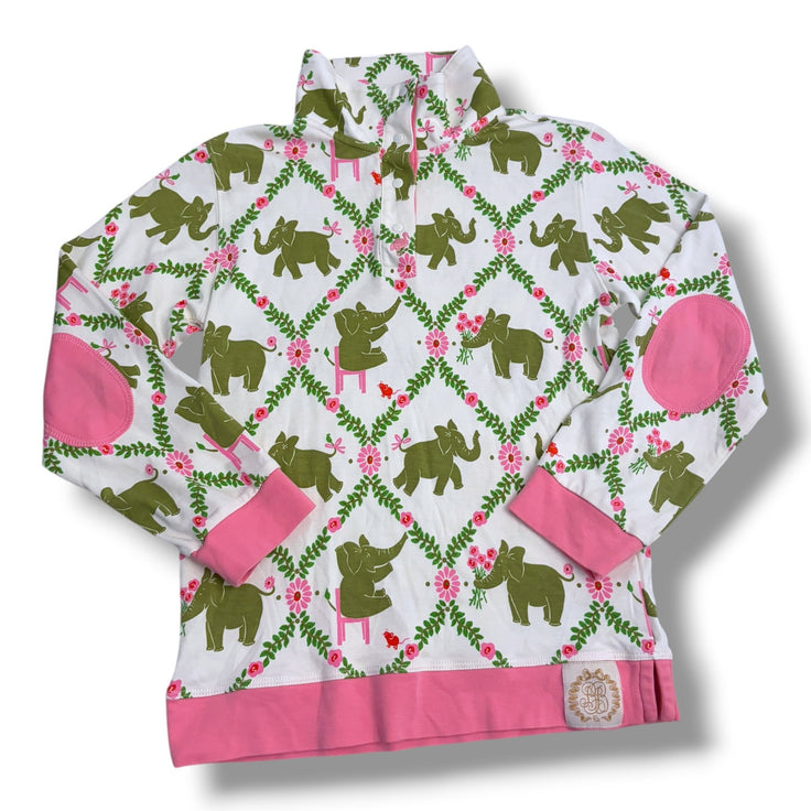 Size 7 TBBC white long sleeve quarter snap long sleeve with green elephants, pink trim - spot on sleeve Default Title / 7 / Girl