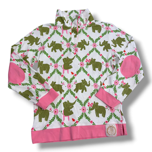 Size 7 TBBC white long sleeve quarter snap long sleeve with green elephants, pink trim - spot on sleeve Default Title / 7 / Girl