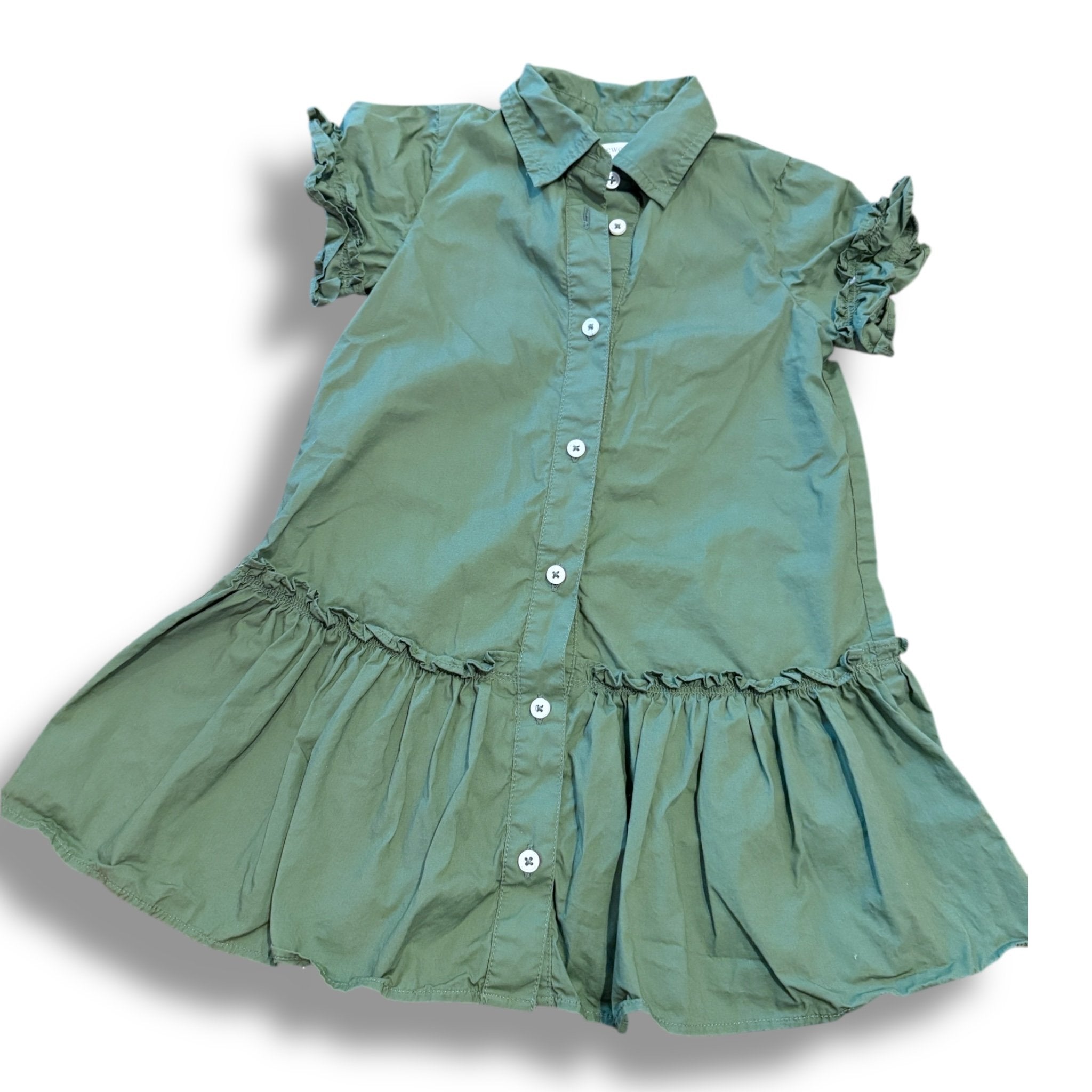 Size 5 Crewcuts olive green ruffle hem button down shirt dress Default Title / 5 / Girl