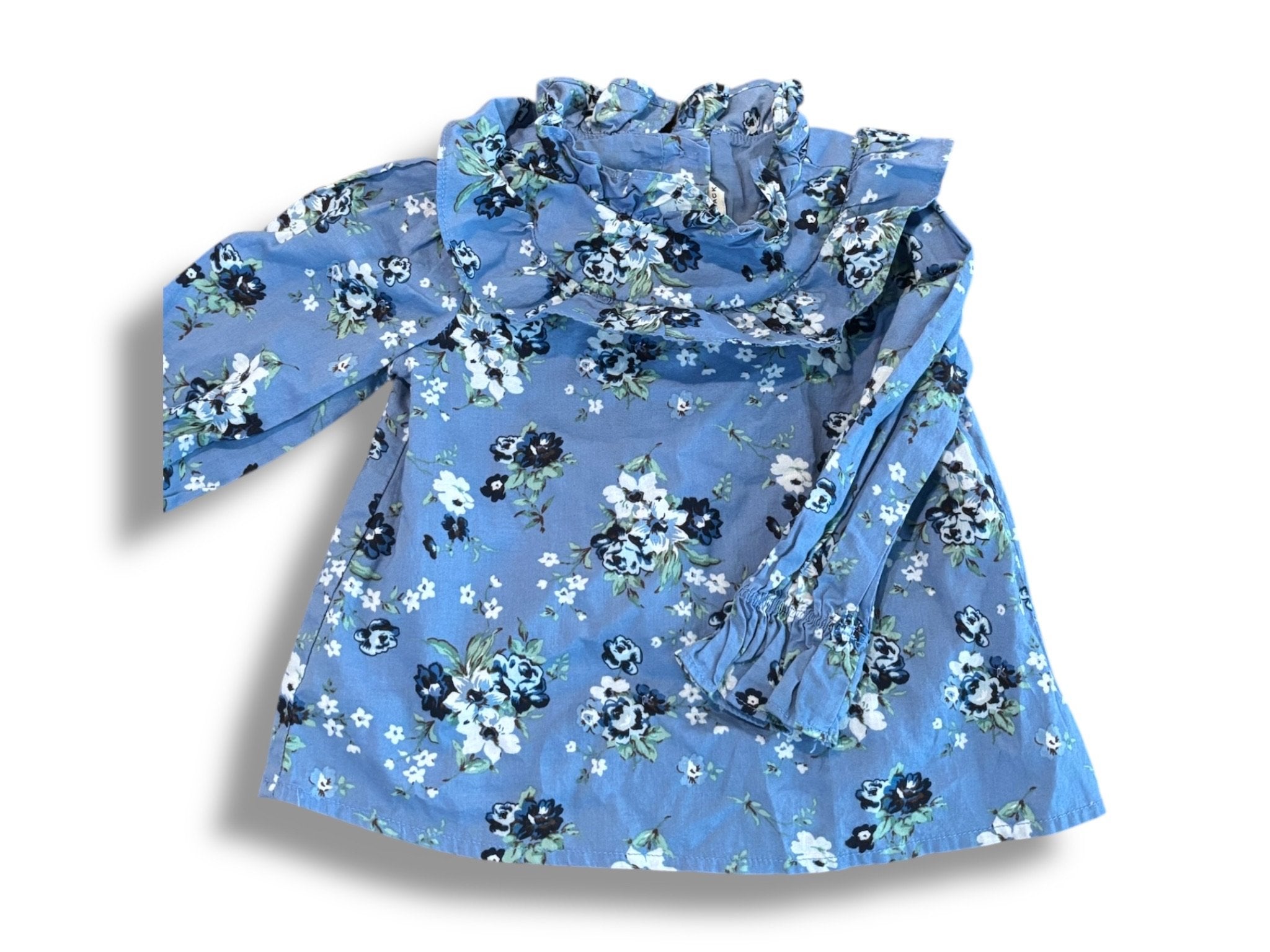 Size 12-18 month Janie and Jack dusty blue blouse w/ navy/light blue/sage florals, ruffle collar Default Title / 12-18 month / Girl