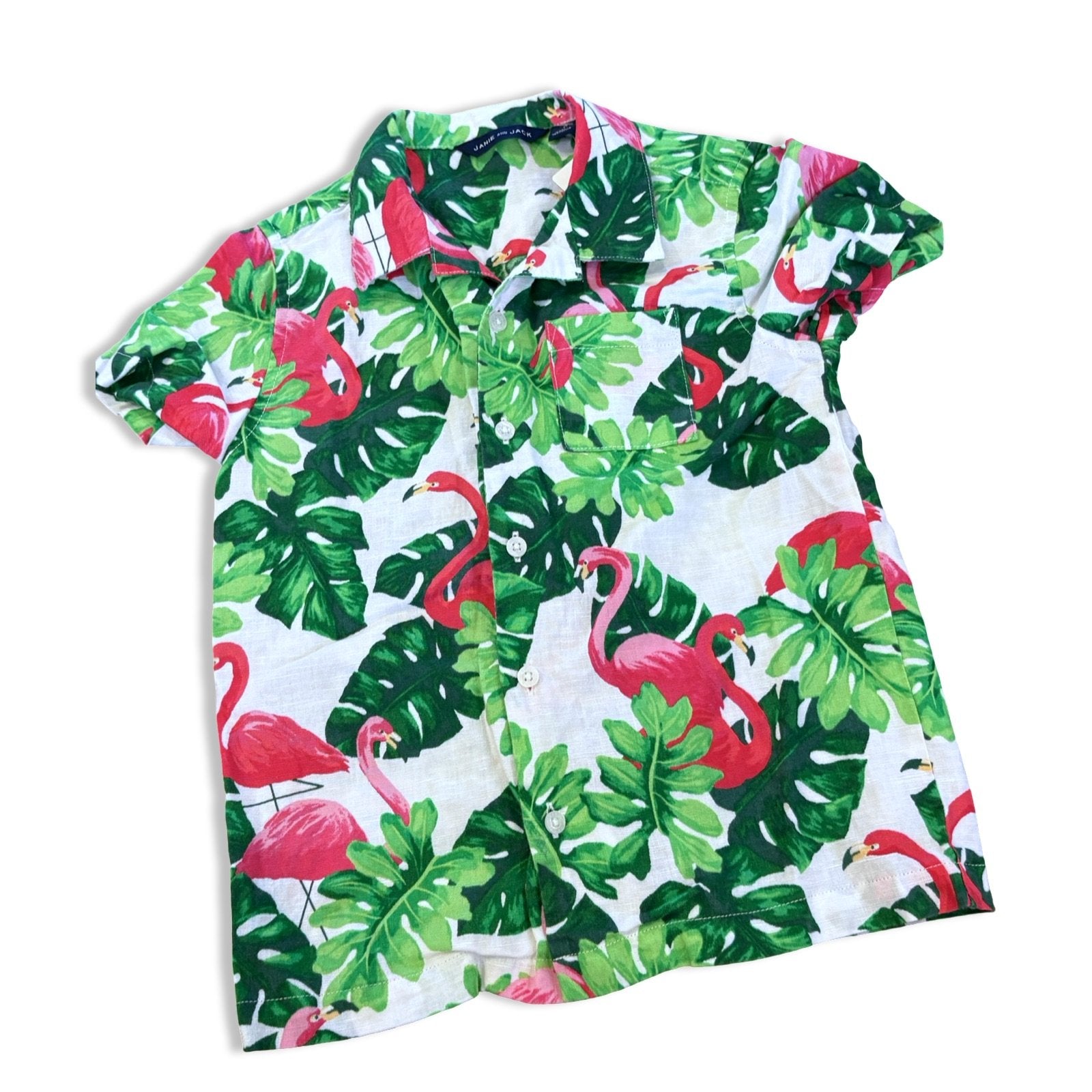 Size 5 Janie and jack white green palm flamingo short sleeve button up Default Title / 5 / Boy