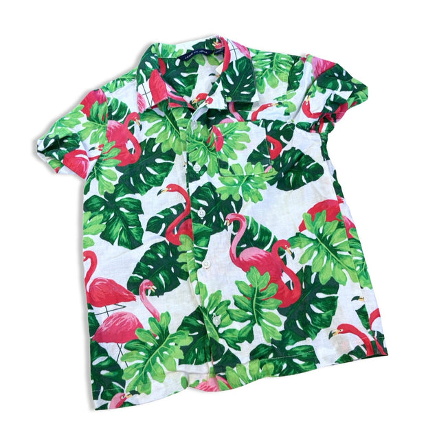 Size 5 Janie and jack white green palm flamingo short sleeve button up Default Title / 5 / Boy
