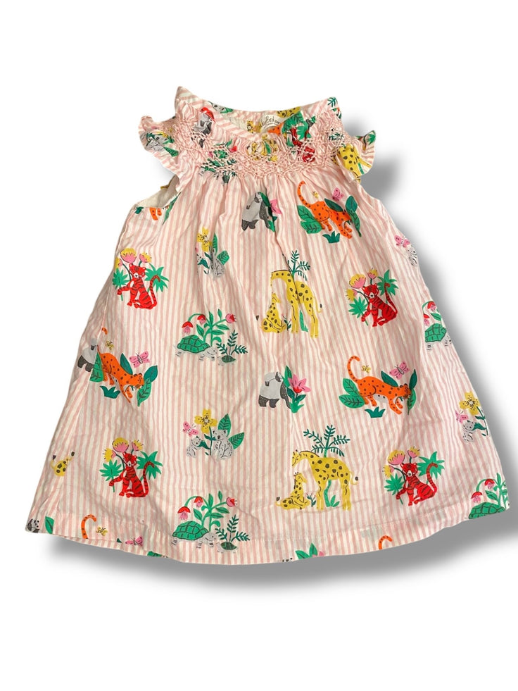 Size 3-6 month Boden pink and white striped dress with jungle animals and smocked collar Default Title / 3-6 month / Girl