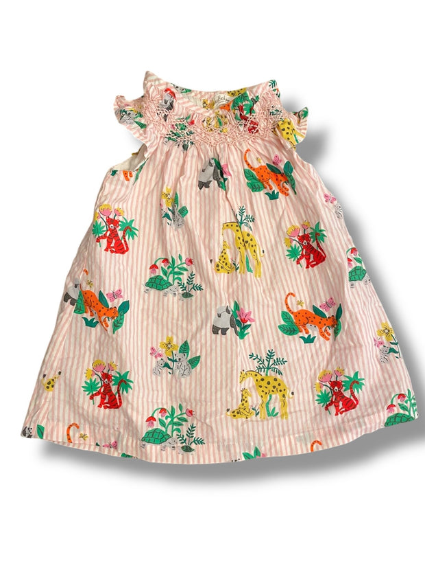 Size 3-6 month Boden pink and white striped dress with jungle animals and smocked collar Default Title / 3-6 month / Girl