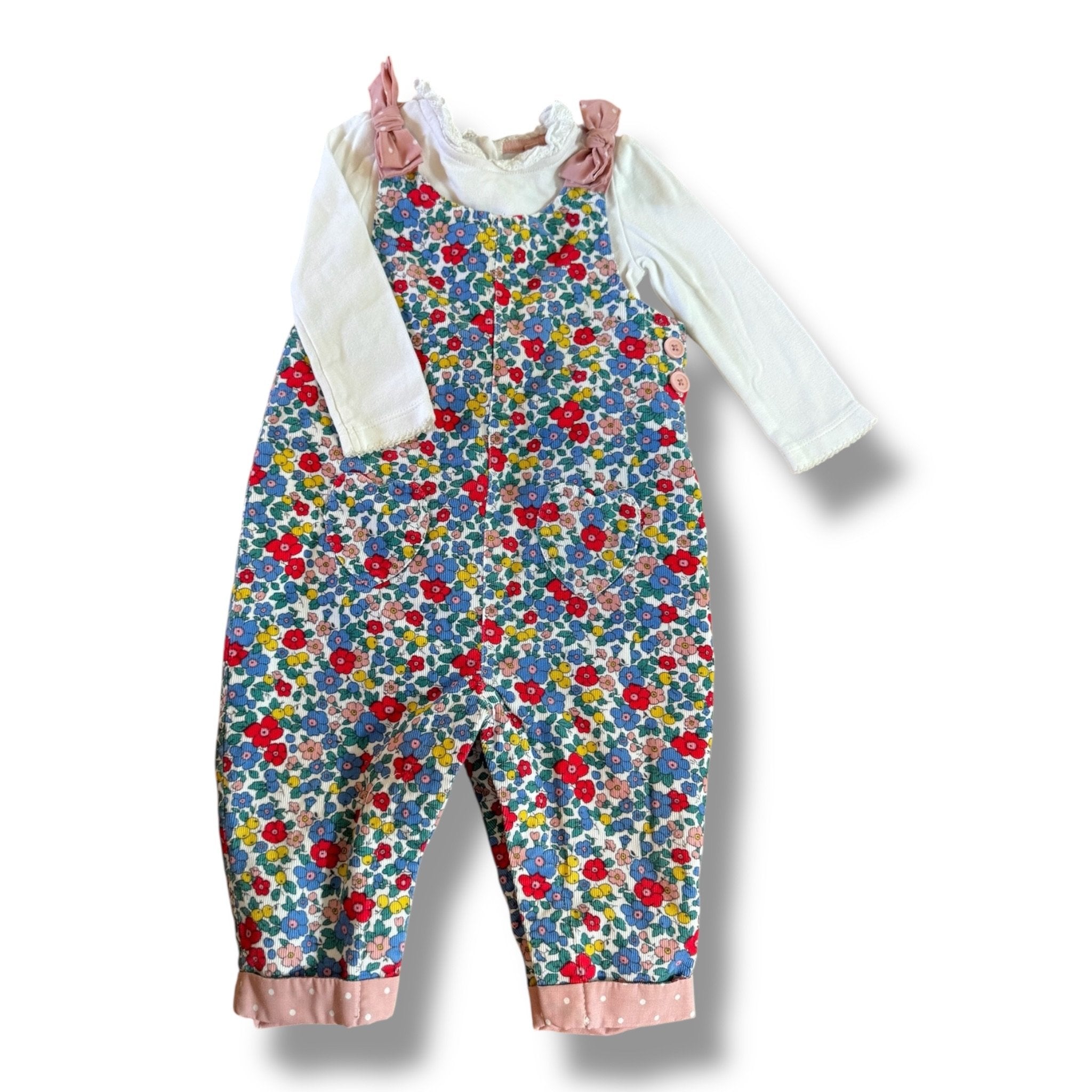 Size 9-12 month Baby Boden green, blue, pink, red and yellow floral fine corduroy romper heart pockets and white onesie with lace collar Default Title / 9-12 month / Girl