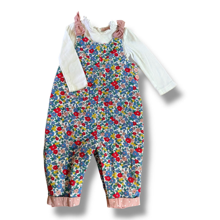 Size 9-12 month Baby Boden green, blue, pink, red and yellow floral fine corduroy romper heart pockets and white onesie with lace collar Default Title / 9-12 month / Girl