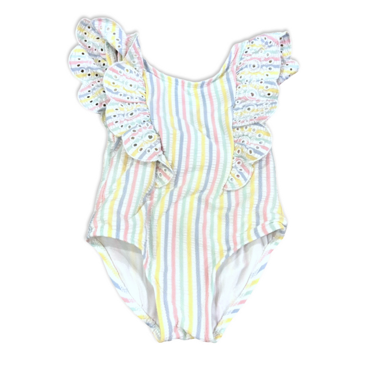 Size 12 pastel seersucker one piece with eyelet ruffle Default Title / 12 / Girl