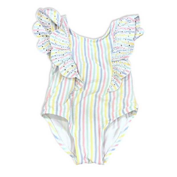 Size 12 pastel seersucker one piece with eyelet ruffle Default Title / 12 / Girl