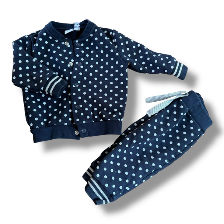 Size 12 month Petit Bateau jogger and jacket set, navy with white polka dots Default Title / 12 / Girl