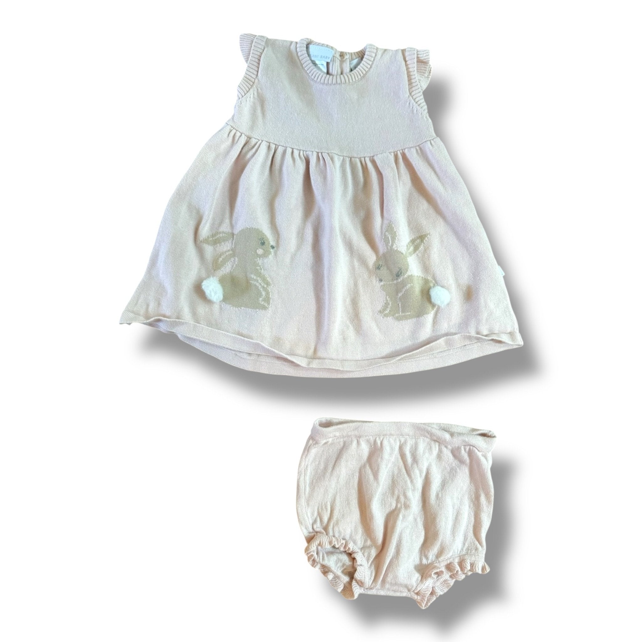 Size 6 month Elegant Baby light pink knit dress with bunnies and matching bloomers Default Title / 6 month / Girl