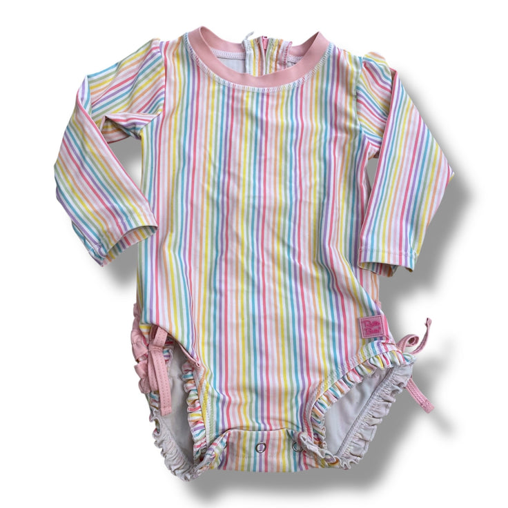 Size 12-18 month Ruffle Buts vertical pastel striped piece long sleeve rashguard with light pink trim Default Title / 12-18 month / Girl