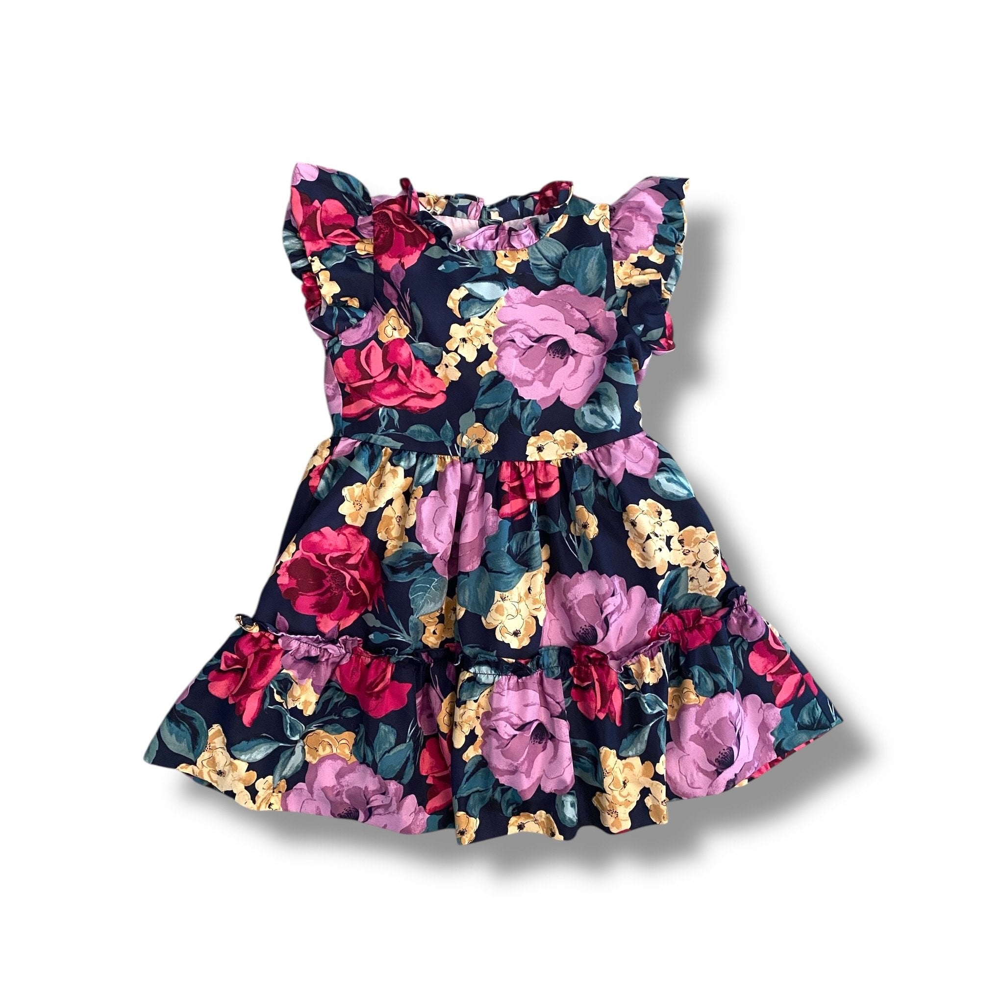 Size 7 Janie and Jack pink/yellow/purple floral satin dress with ruffle bottom Default Title / 7 / Girl