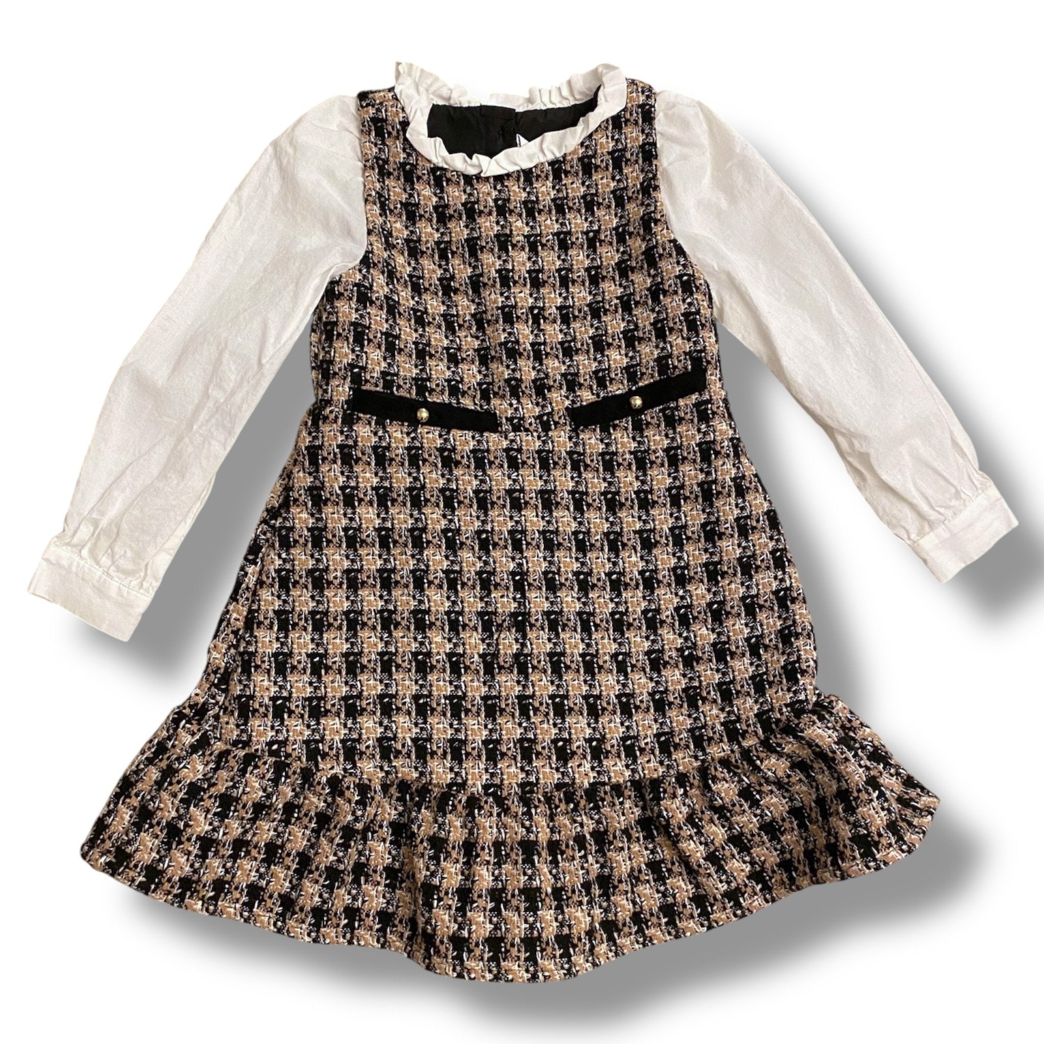Size 4 Janie and Jack black and tan tweed dress with white sleeves and collar Default Title / 4 / Girl