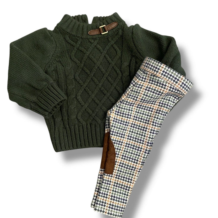 Size 6-12 Janie and Jack dark green cable knit sweater with coordinating houndstooth pants Default Title / 6-12 month / Girl