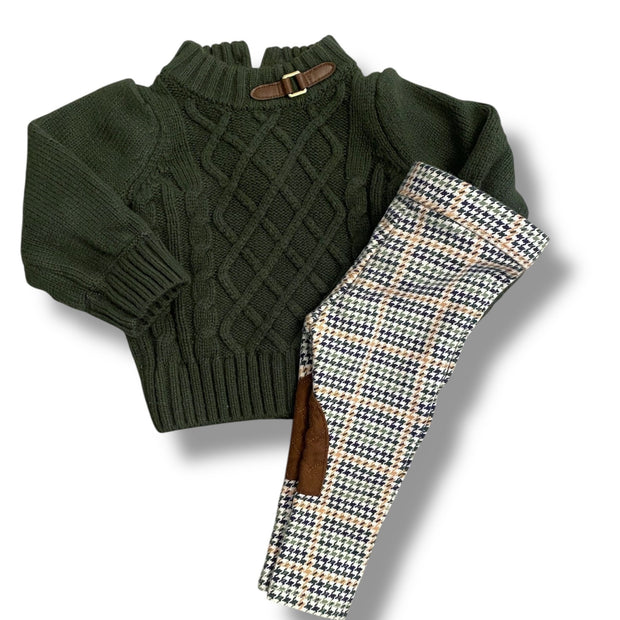 Size 6-12 Janie and Jack dark green cable knit sweater with coordinating houndstooth pants Default Title / 6-12 month / Girl