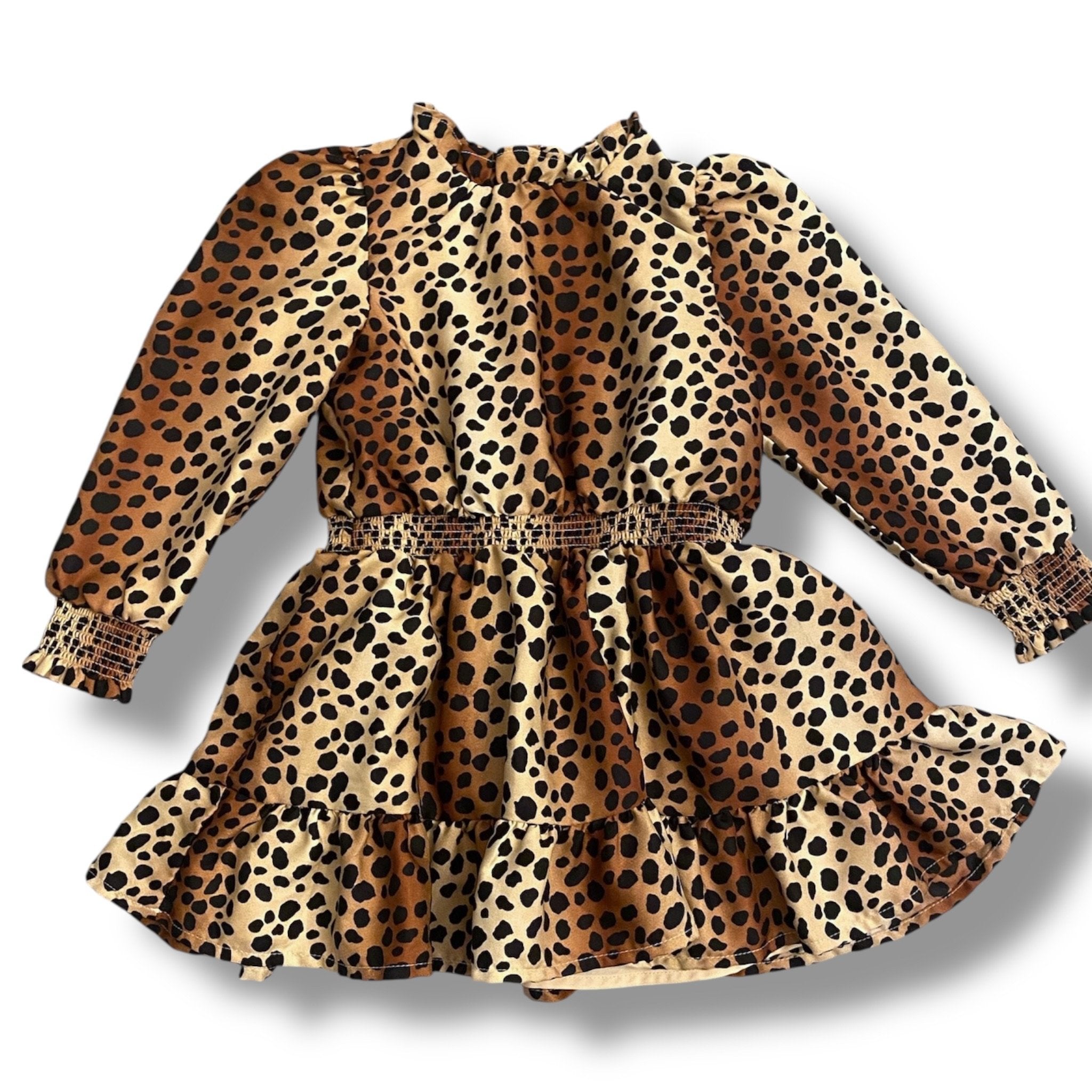 Size 3 Janie and Jack leopard long sleeve satin dress with ruffle collar Default Title / 3 / Girl