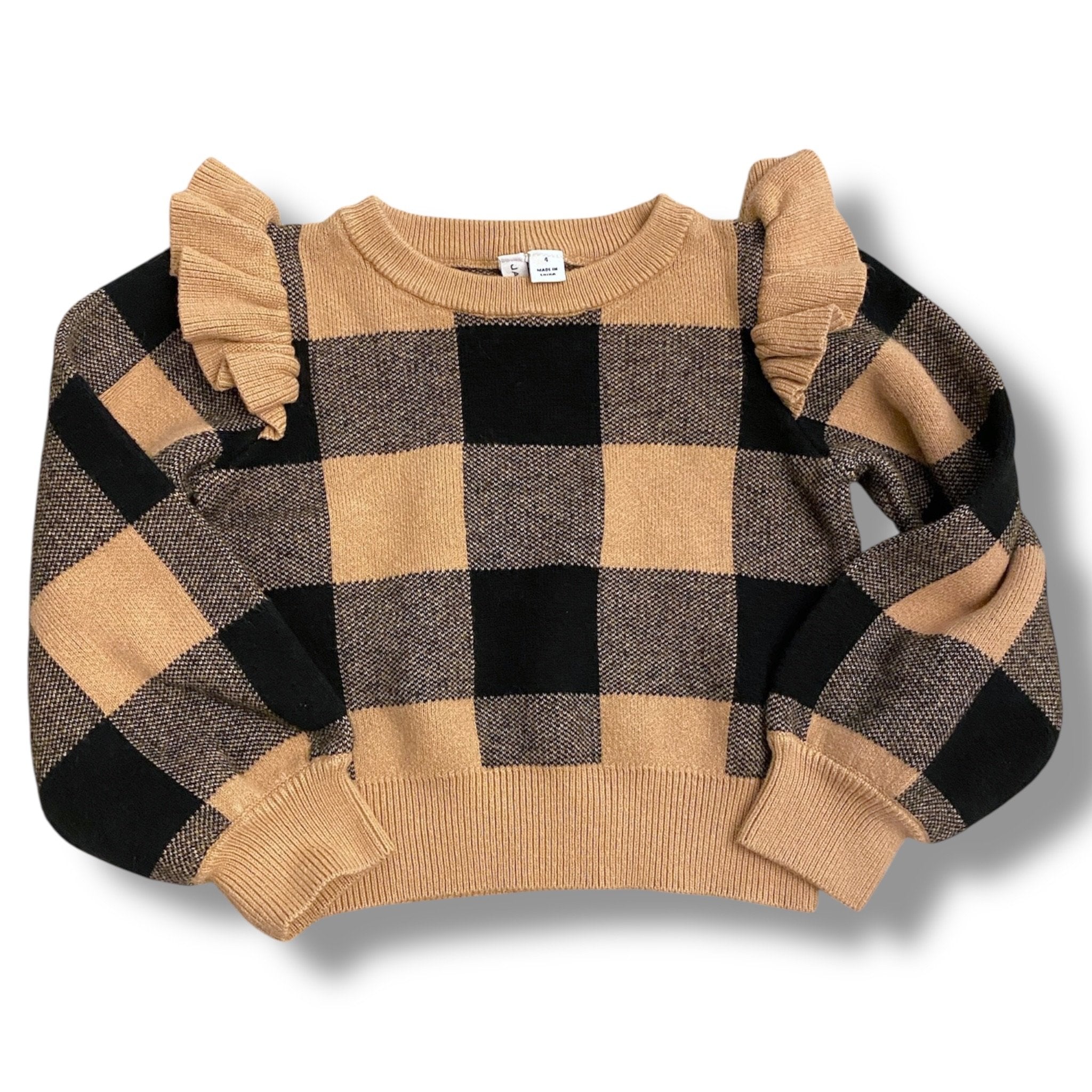 Size 8 Janie and Jack black and tan checkered sweater with ruffles Default Title / 8 / Girl