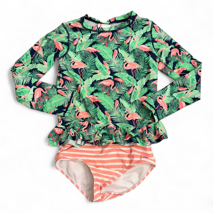 Size 7 Ruffle Butts green palm long sleeve rashguard with flamingos/pink and white stripe bottoms Default Title / 7 / Girl