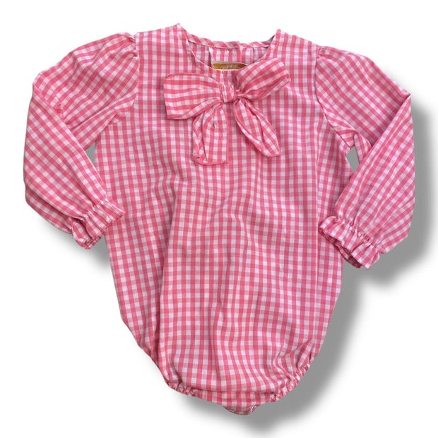 Siz 18-24 month TBBC pink and white gingham long sleeve bubble with bow front Default Title / 18-24 month / Girl