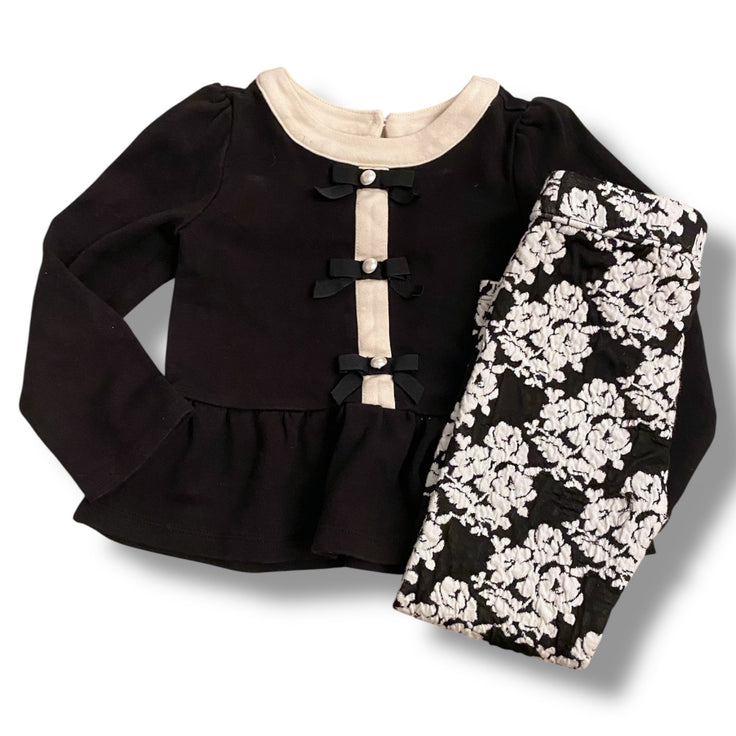 Size 4 Janie and Jack black top with black and white bows down the front with pearls + coordinating black and white floral pants Default Title / 4 / Girl