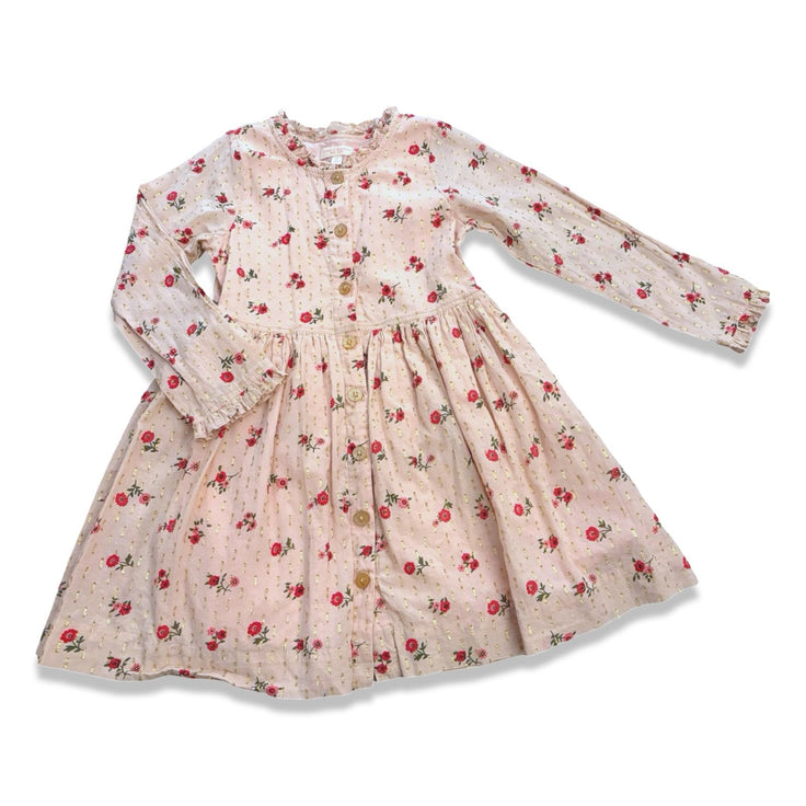 Size 8 PInk Chicken light pink long sleeve dress with metallic flecks and red flowers Default Title / 8 / Girl