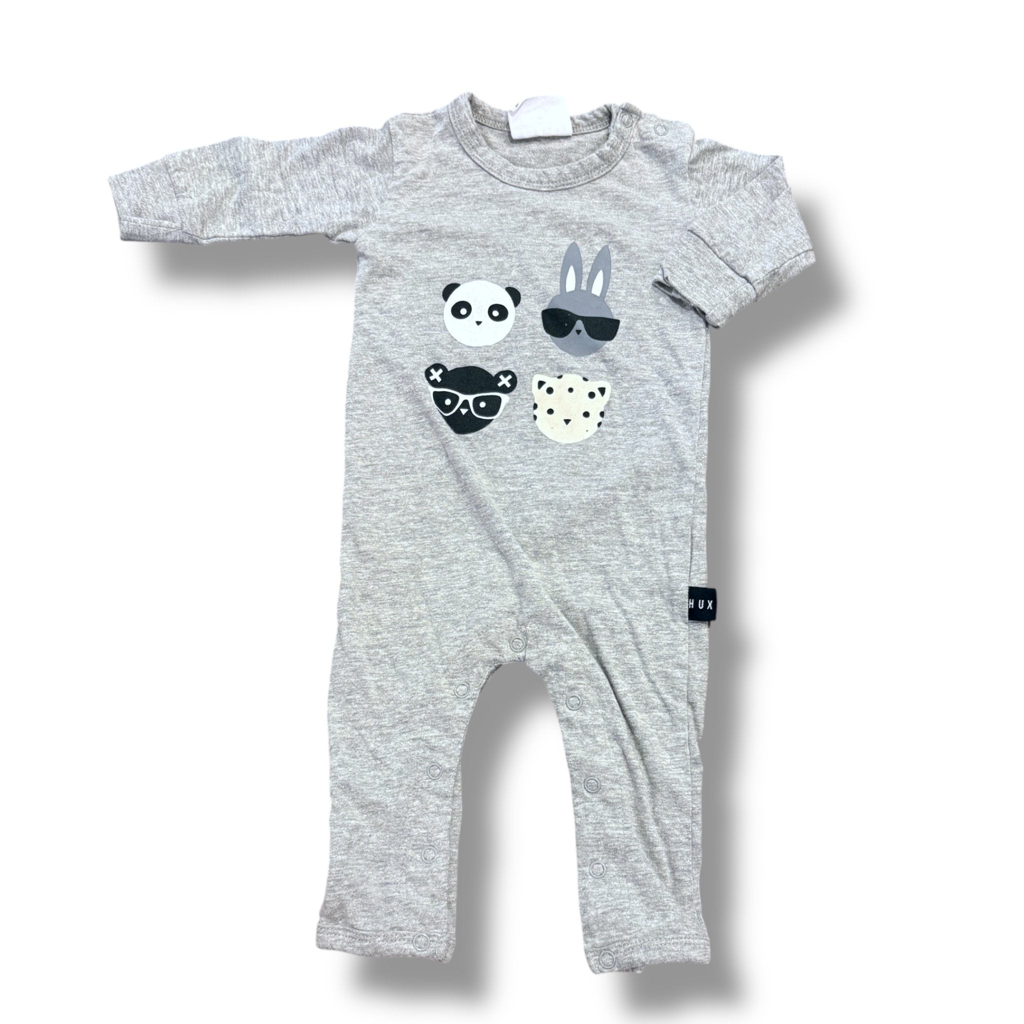 SIze 3-6 month HUX baby grey romper with 4 animal faces with glasses Default Title / 3-6 month / Boy