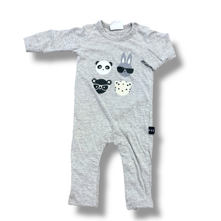 SIze 3-6 month HUX baby grey romper with 4 animal faces with glasses Default Title / 3-6 month / Boy