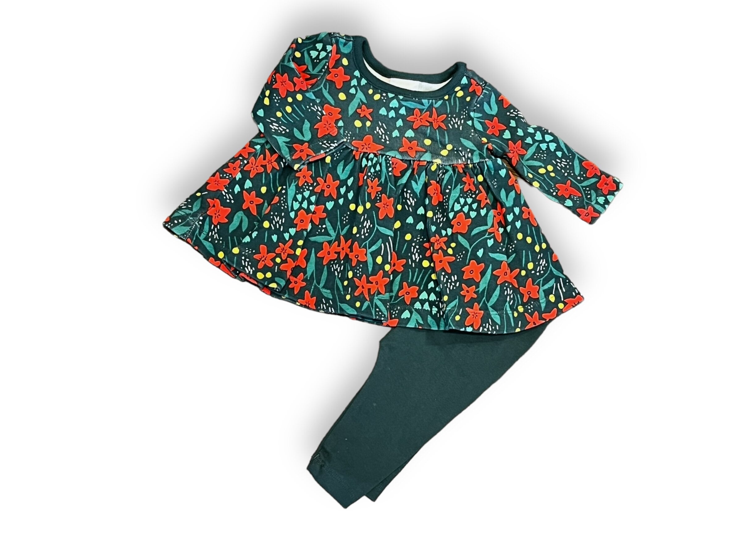 Size 0-3 month Hanna Andersson green dress with red flowers and leggings Default Title / 0-3 month / Girl