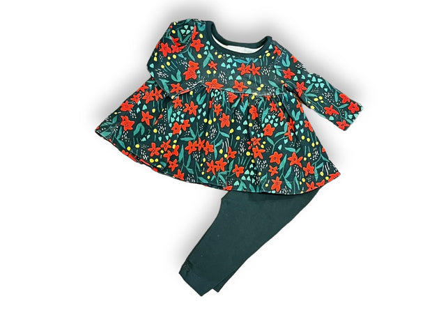 Size 0-3 month Hanna Andersson green dress with red flowers and leggings Default Title / 0-3 month / Girl