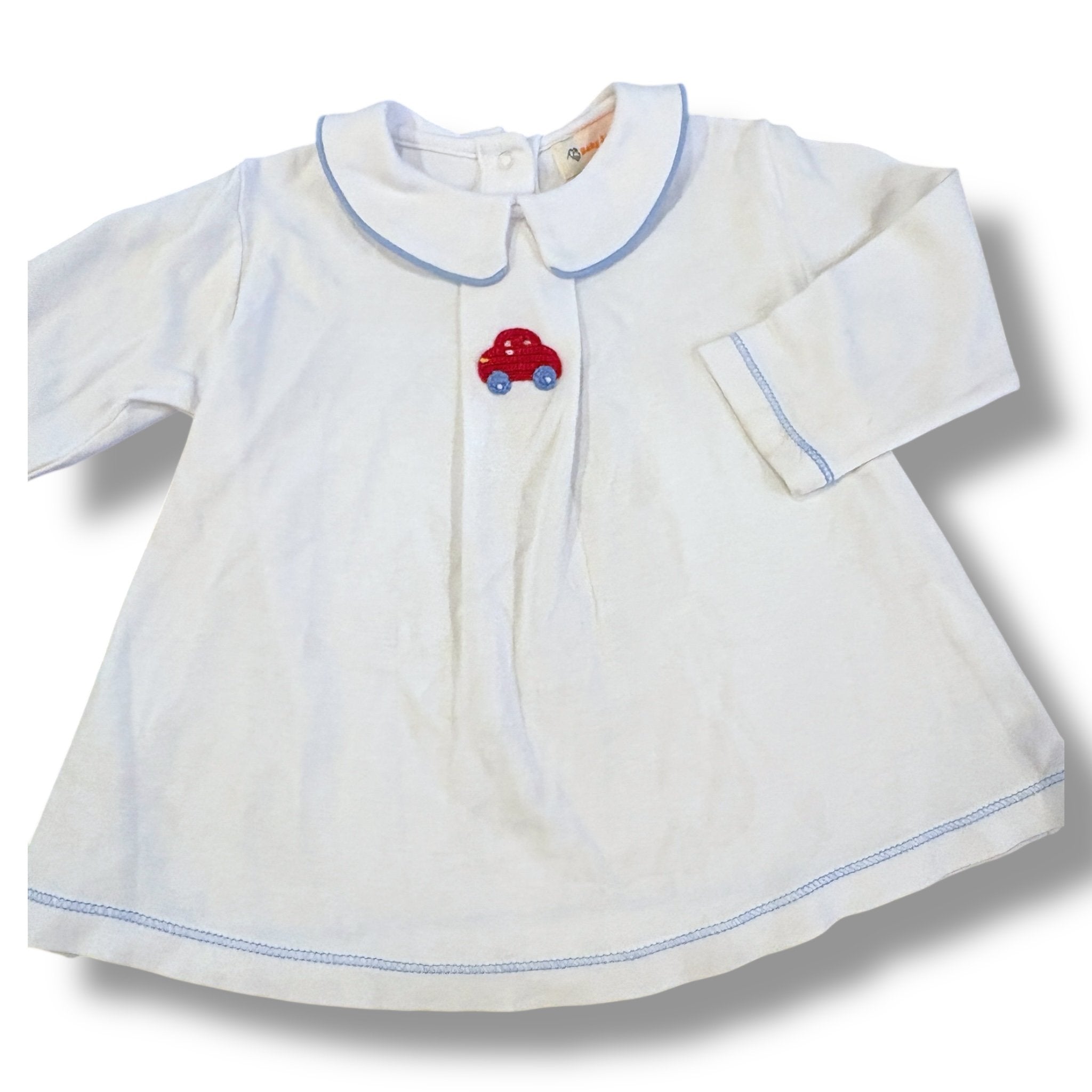 Size 24 month Baby luigi white peter pan collar top with blue trim, red crocheted car Default Title / 2 / Boy