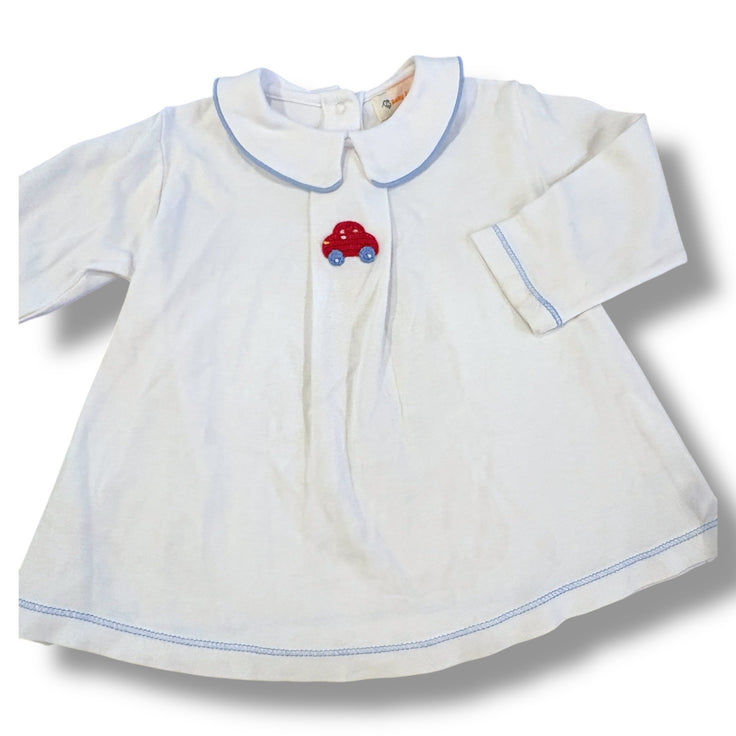 Size 24 month Baby luigi white peter pan collar top with blue trim, red crocheted car Default Title / 2 / Boy