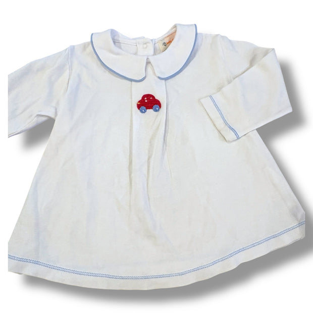 Size 24 month Baby luigi white peter pan collar top with blue trim, red crocheted car Default Title / 2 / Boy