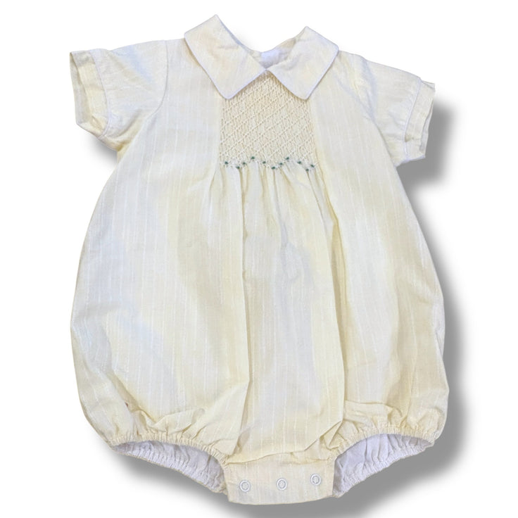 Size 2 Bell Bird yellow/white stripe bubble with smocked chest, green poms Default Title / 2 / Boy