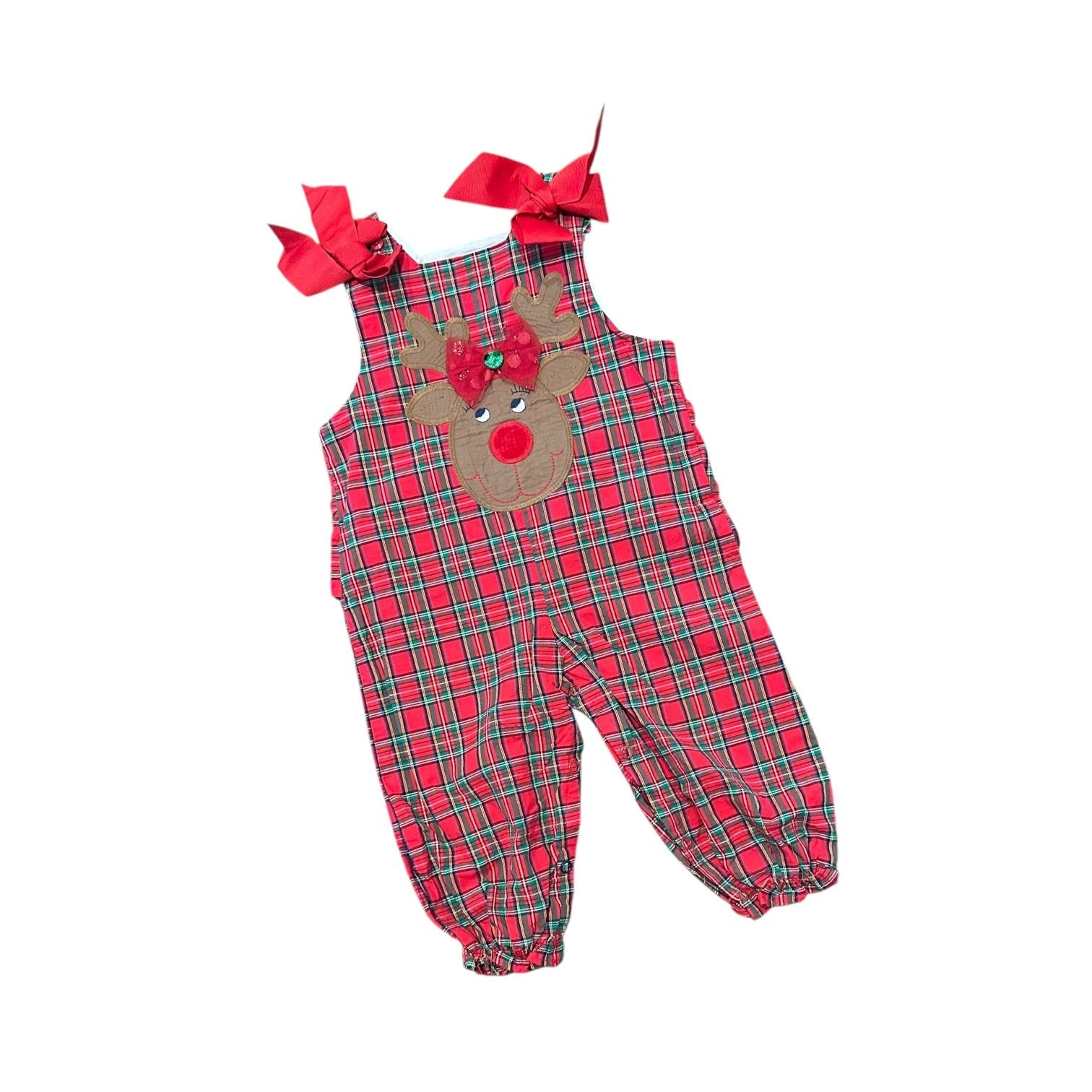 Size 12 month Bailey boys red tartan plaid romper with reindeer and bows on shoulders Default Title / 12 / Boy