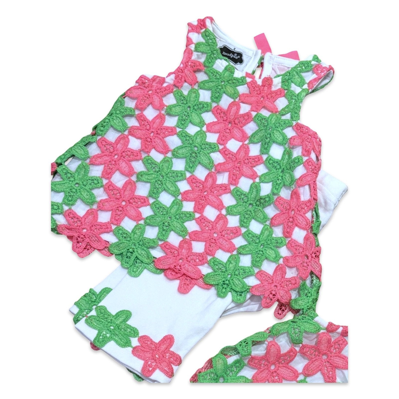 Size 6-12 month Mudpie pink and green crochet top with matching white pants Default Title / 6-12 month / -