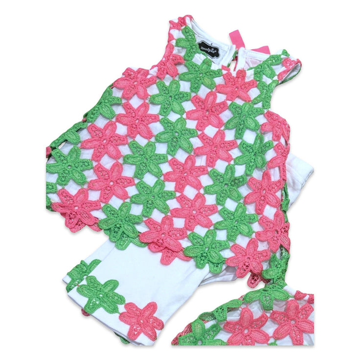 Size 6-12 month Mudpie pink and green crochet top with matching white pants Default Title / 6-12 month / -