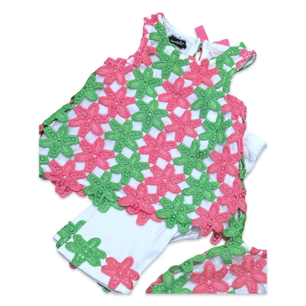 Size 6-12 month Mudpie pink and green crochet top with matching white pants Default Title / 6-12 month / -