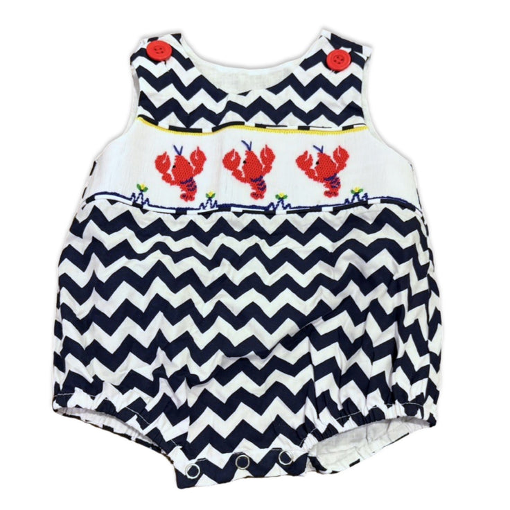 Size 6 month Remember Nguyen navy and white chevron bubble with smocked lobsters Default Title / 6 month / Girl