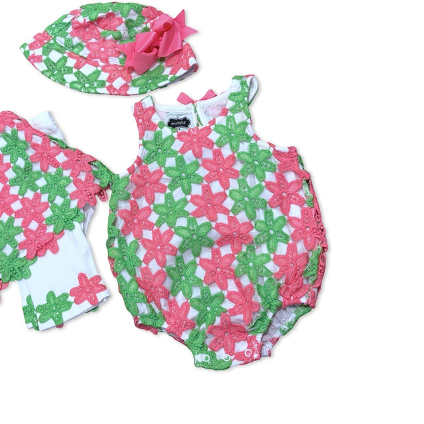 Size 0-6 month Mudpie pink and green crochet bubble with matching hat Default Title / 0-6 month / Girl
