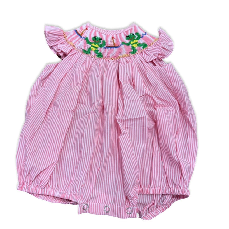Size 6 month Remember Nguyen pink and white stripe bubble with smocked green dragons and sailboats Default Title / 6 month / Girl