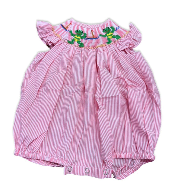 Size 6 month Remember Nguyen pink and white stripe bubble with smocked green dragons and sailboats Default Title / 6 month / Girl